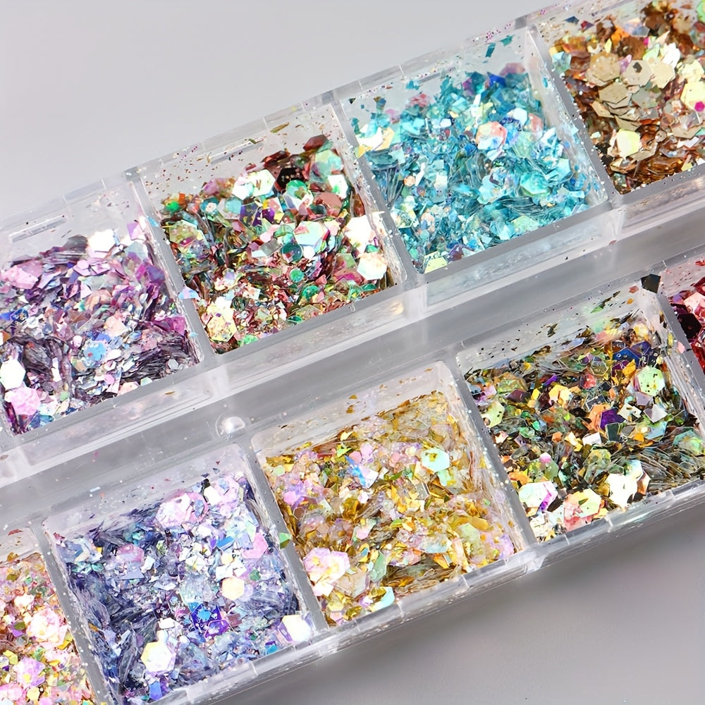 1 Box Holographic Hexagon Iridescent Nail Glitter Sequins - Mermaid Flakes Powder for Y2K Wedding Nail Art, Shiny Sparkly Sheets for Creative Manicures, Multi-Dimensional Colors (Pink, Blue, Green, Golden, Purple), Party Nail